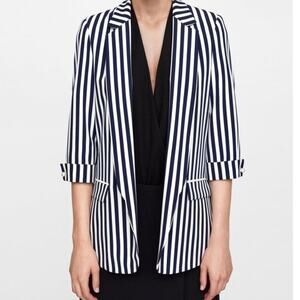 ZARA Striped Blazer Jacket Coat 3/4 Sleeve Womens Navy blue & White M 3750